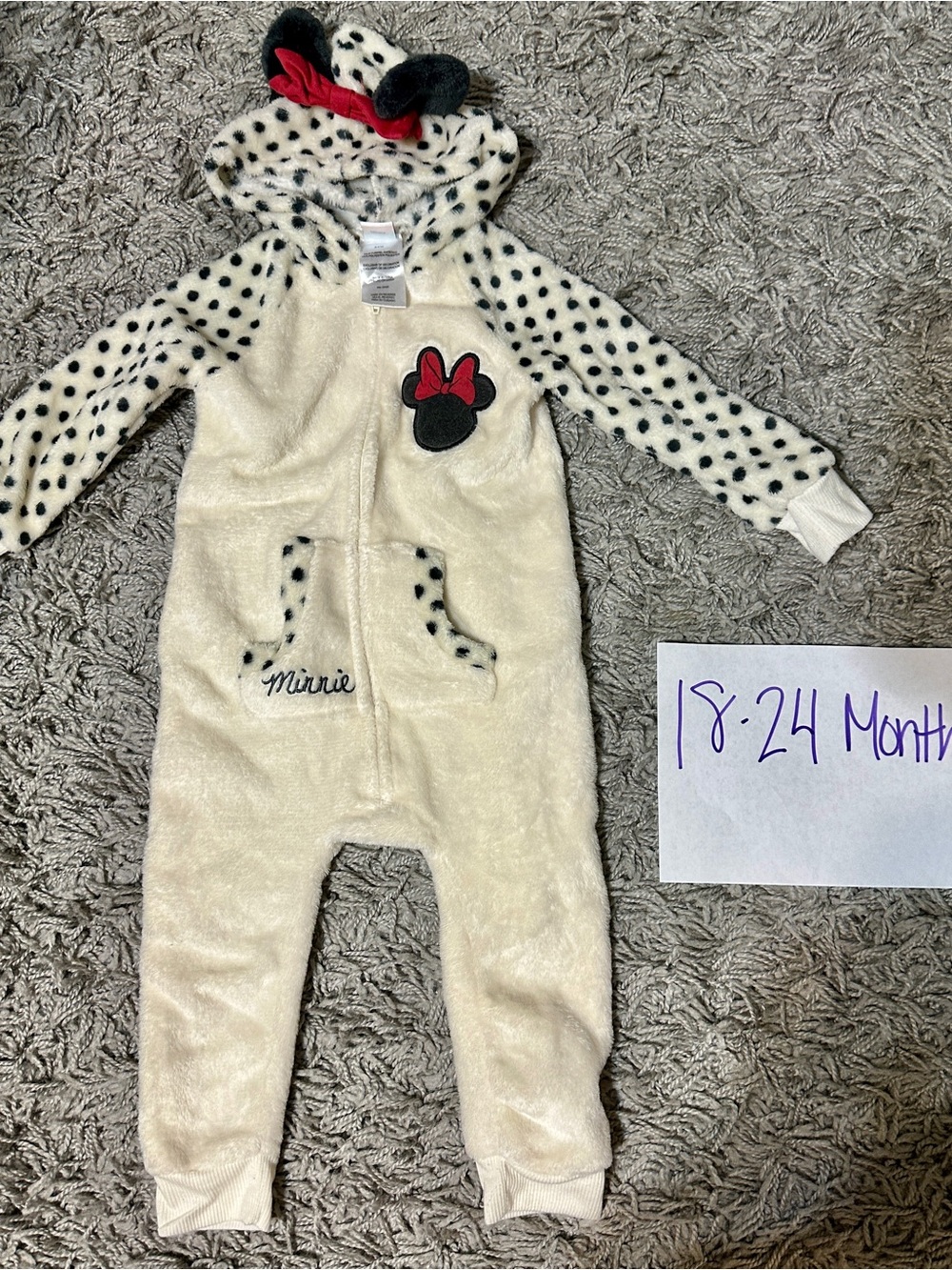 Disney Cream and Black Polka Dot Minnie Mouse Fleece One-Piece with Red Bow